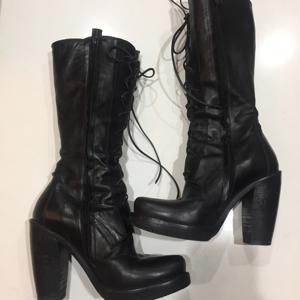 Costume National Boots Fur Lined Lace Up Platform Black Boots Size 6.5